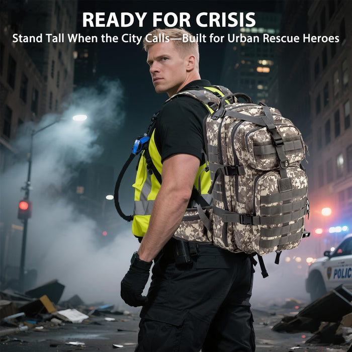 MIRACOL Tactical Survival Backpack Kit: 35L MOLLE Pack with 2.5L Hydration Bladder - Emergency Go Bag for Urban Disaster Volunteers - Reflective Rescue Gear for Evacuation & Field Missions