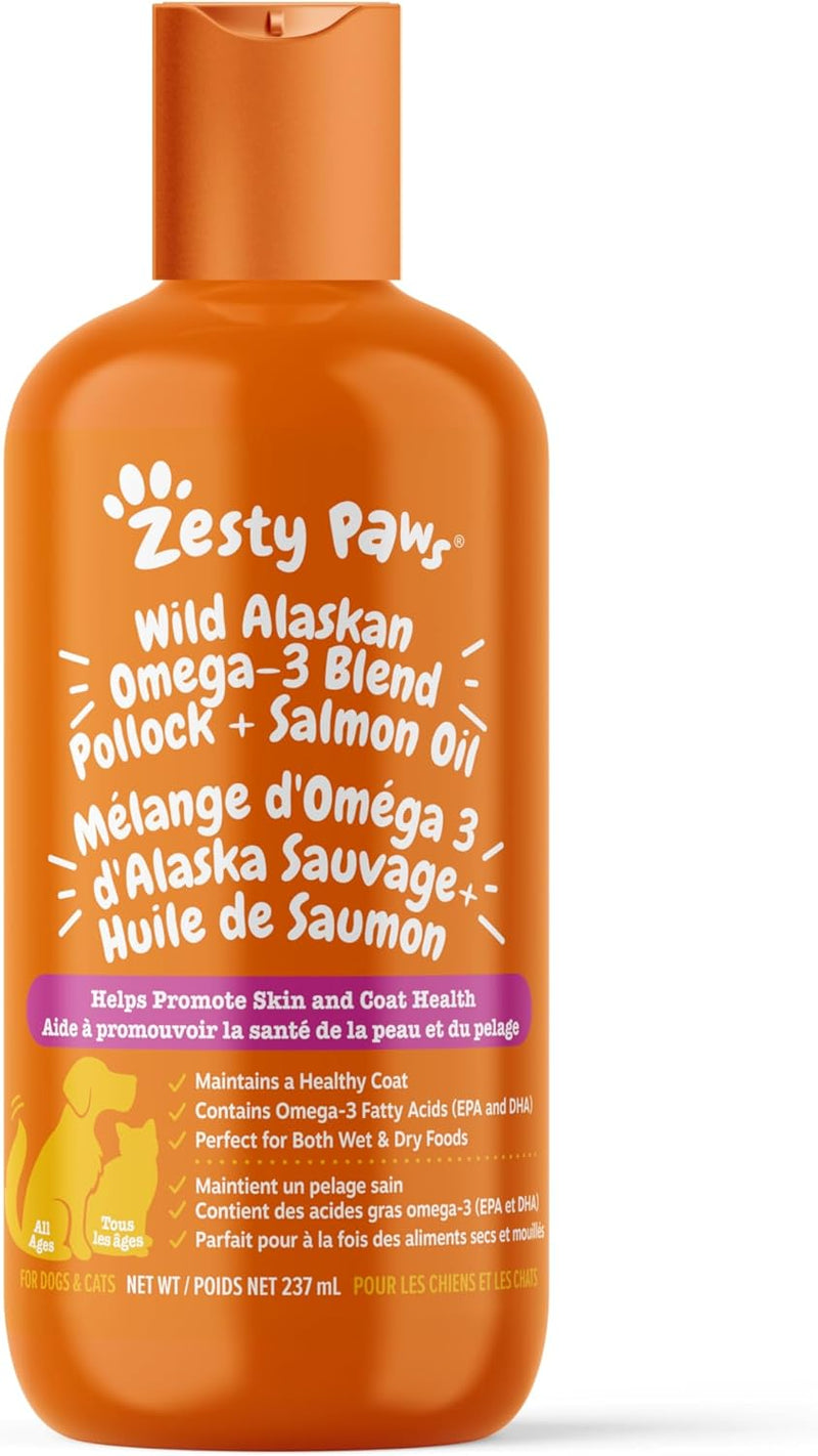 Zesty Paws Wild Alaskan Omega-3 Blend Pollock + Salmon Oil for Dogs and Cats- Skin and Coat Support, Omega 3 Supplement for Pets, 16oz