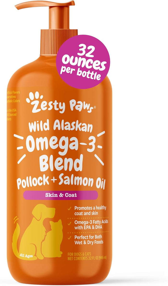 Zesty Paws Wild Alaskan Omega-3 Blend Pollock + Salmon Oil for Dogs and Cats- Skin and Coat Support, Omega 3 Supplement for Pets, 16oz
