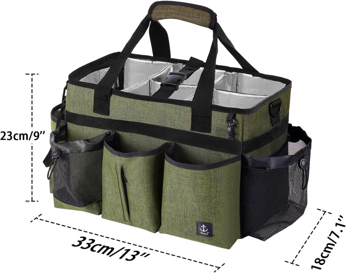 Large Cleaning Caddy Bag Built-in Sturdy Support Board, Cleaning Organizer with Detachable Divider, Cleaning Supply Tote with Adjustable Shoulder Strap&Waist Belt for Cleaners & Housekeeper