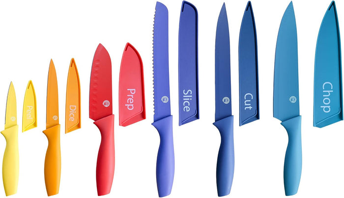 MasterChef Knife Set with Block, 6 Kitchen Knives and a Universal Knife Holder, Extra Sharp Stainless Steel Blades for Precise Cutting with Non Stick Coating & Soft Touch Easy Grip Handles, Black