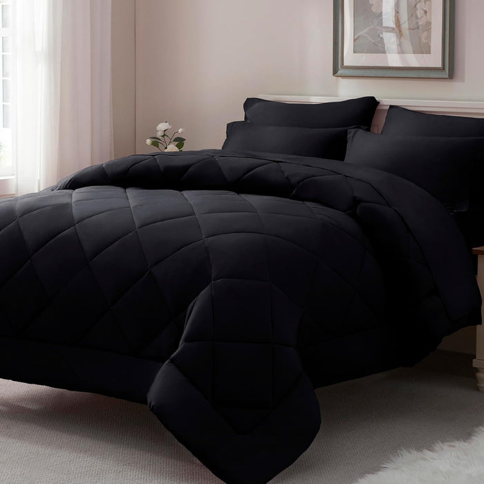 ELNIDO QUEEN® Queen Comforter Set Navy - 7 Pieces Bed in a Bag Queen Size, Bed Set All Seasons, Ultra Soft Dark Blue Bedding Sets with Comforter, Flat Sheet, Fitted Sheet, Pillowcases and Pillow Shams