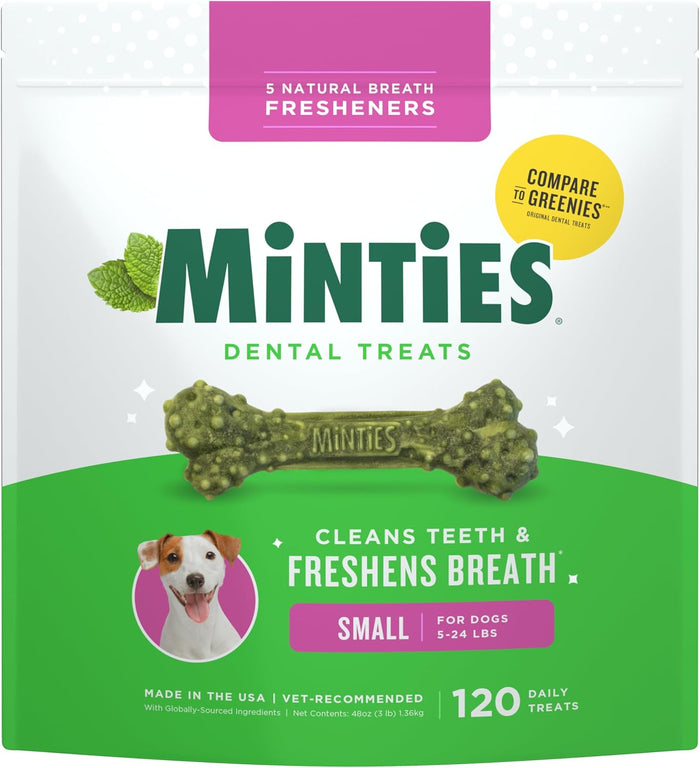 Minties Dental Chews for Dogs, 40 Count, Vet-Recommended Mint-Flavored Treats for Tiny/Small Dogs 5-24 lbs, Dental Bones Clean Teeth, Fight Bad Breath, and Removes Plaque and Tartar