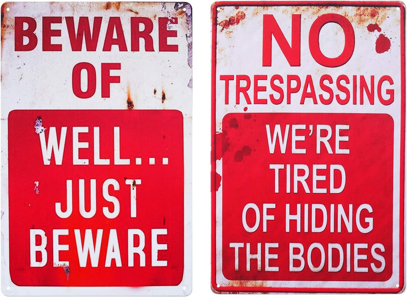 CVNDKN Halloween Decoration Halloween Signs Retro Fashion Chic Funny Metal Tin Sign No Trespassing We're Tired of Hiding The Bodies.
