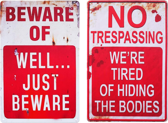 CVNDKN Halloween Decoration Halloween Signs Retro Fashion Chic Funny Metal Tin Sign No Trespassing We're Tired of Hiding The Bodies.