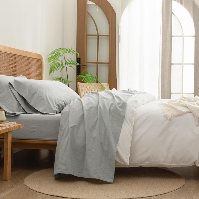 BESTOUCH Sheet Set 100% Washed Cotton Linen Feel Super Soft Comfortable Chic Lightweight 4 Pcs Home Bedding Set Solid Bright White Queen