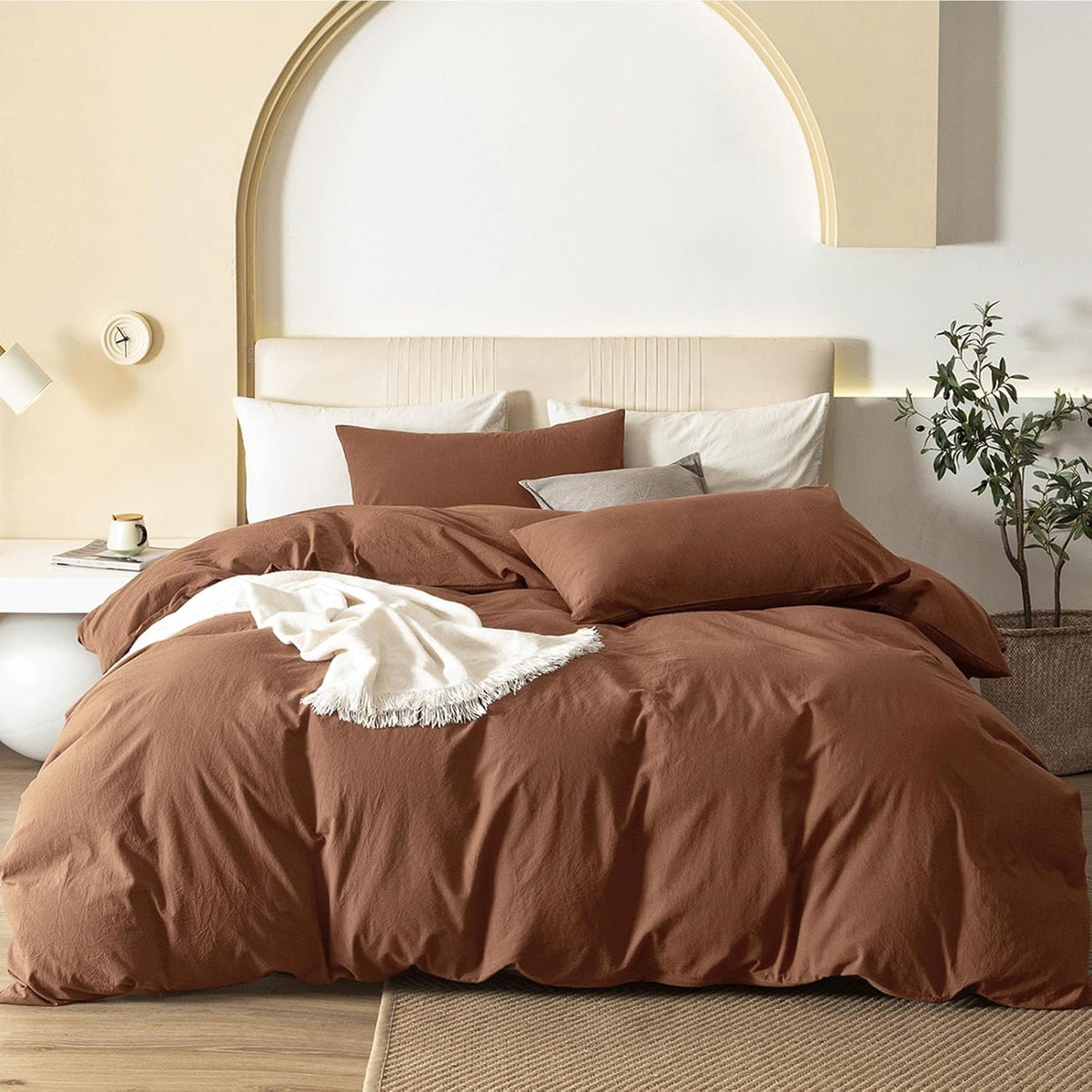 JIYUAN 100% Washed Cotton Duvet Cover Set 3 Pieces Queen, 1 Duvet Cover 90x90 Inches(Comforter Not Included) and 2 Pillowcases,Linen Feel Bedding Set Comfy and Breathable, Heathered Green