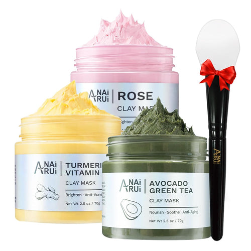 ANAI RUI 3Pcs Face Mask Set, Turmeric Clay Mask - Green Tea Face Mask - Dead Sea Minerals Mud Mask, Holiday Gift Set, Stocking Stuffers for Women &Teen Girls, Self Care Gifts for Women 2.5 oz each
