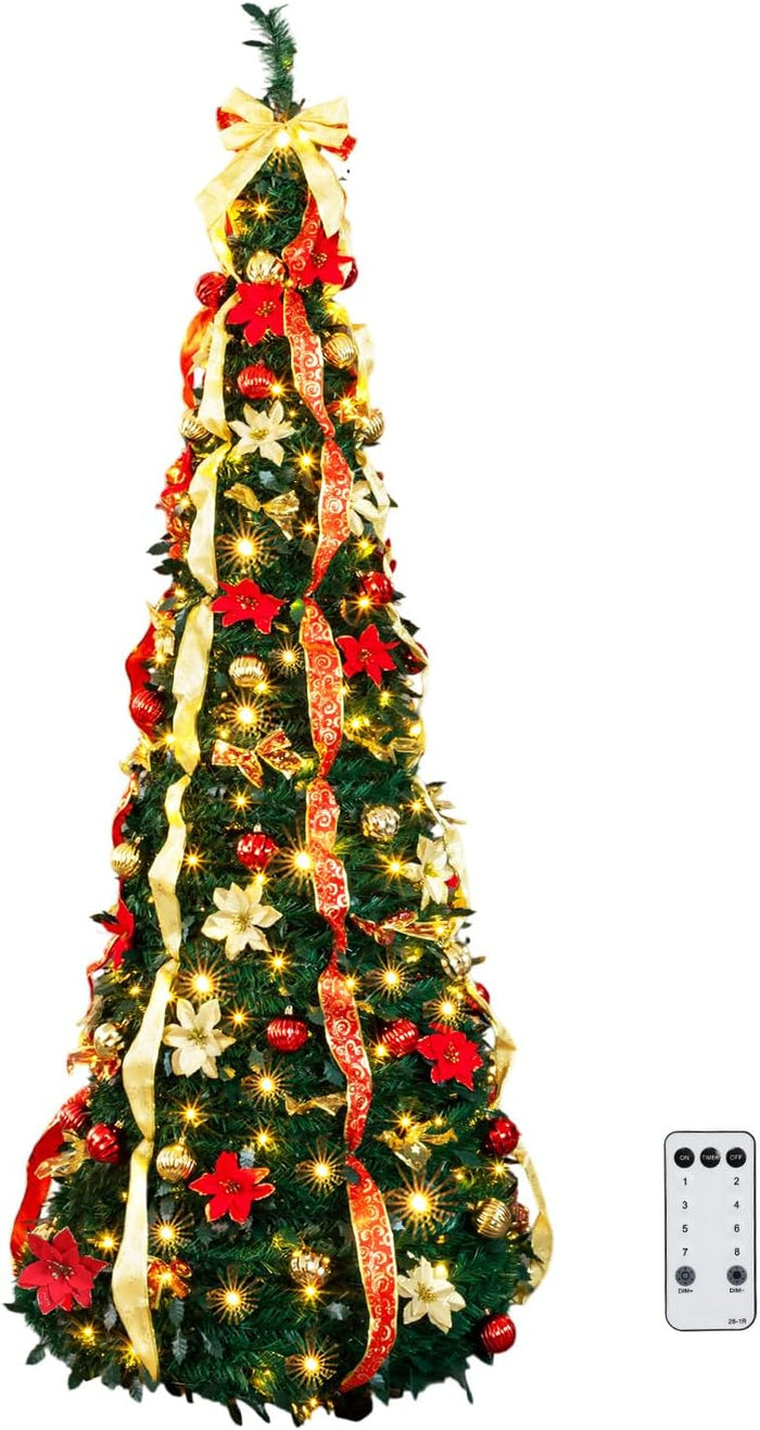 VINGLI 6ft Pre lit Pop Up Christmas Tree with Lights, Pre-Decorated Artificial Pencil Xmas Tree Collapsible Christmas Tree Holiday Party Decorations (Red&Gold)