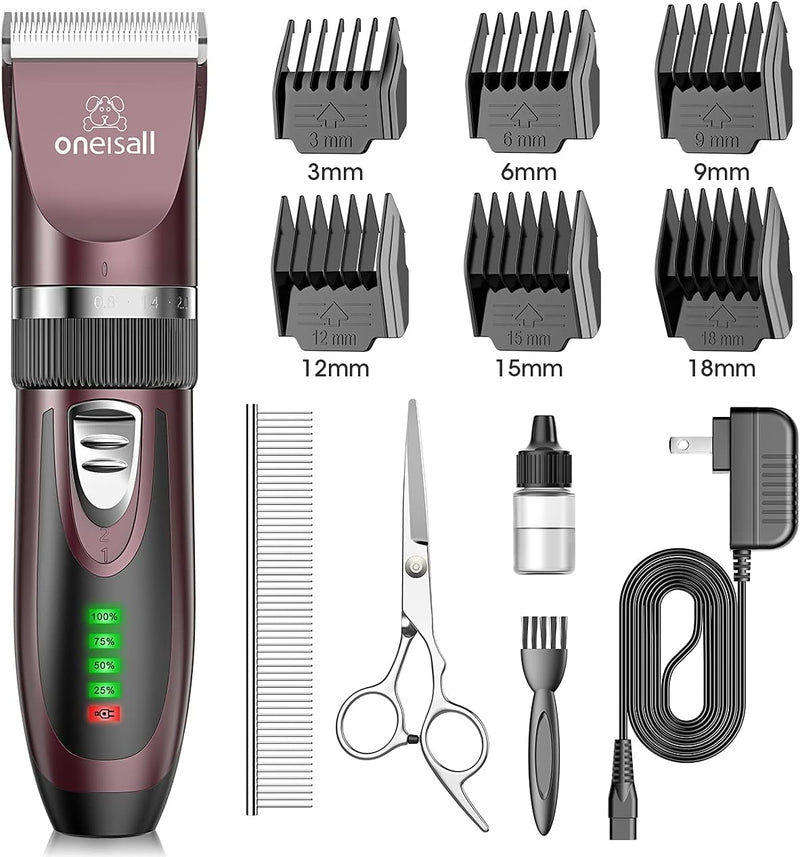 oneisall Dog Clippers Low Noise, 2-Speed Quiet Dog Grooming Kit Rechargeable Cordless Pet Hair Clipper Trimmer Shaver for Small and Large Dogs Cats Animals (Gold)