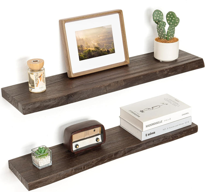 Floating Shelves for Wall Decor, Rustic Solid Elm Wood Live Edge Floating Shelves Wall Mounted, Wall Shelves with Invisible Bracket for Living Room Bathroom Bedroom Kitchen, 48 Inch, Walnut