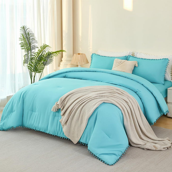 PERFEMET 5 Pcs Pink Pom Pom Comforter Twin Size Aesthetic Boho Pom Fringe Bedding Set with Sheet Ultra Soft Lightweight Farmhouse Bedding Quilt Set for Girls Kids(Pink, Twin)