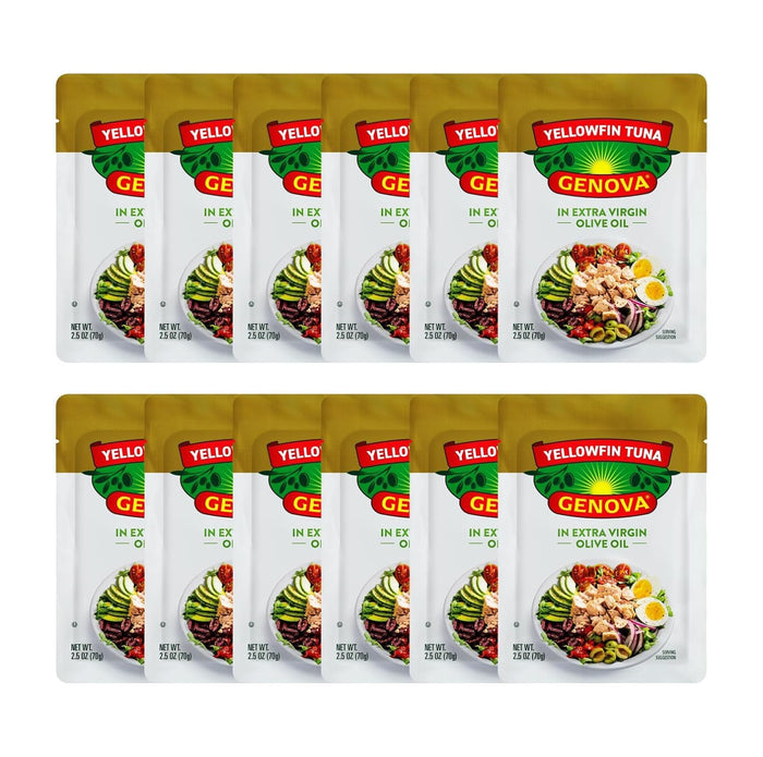 Genova Premium Yellowfin Tuna in Olive Oil, 2.5 Ounce Packets, 12-Pack – Nutrient Rich, High Protein Tuna Packets - Delicious, Easy, Nutritious Ready to Eat Meals