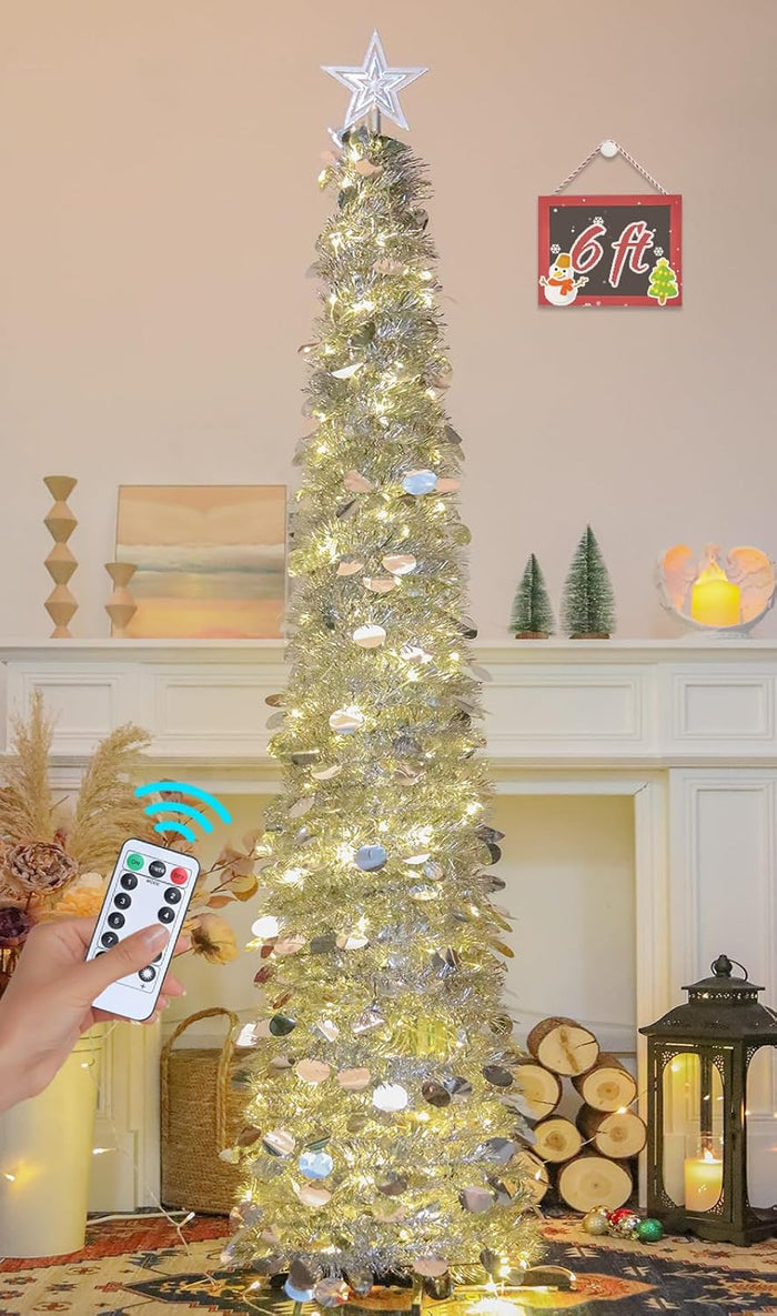 6 FT Pop Up Christmas Tree with 100 LED Timer Lights & Remote, White Collapsible Christmas Tinsel Tree Artificial Pencil Tree Xmas Decoration for Holiday Home Office Party, USB Powered