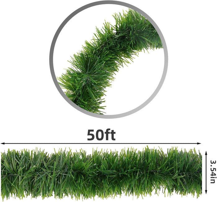 Green Garland Christmas Decorations,50Ft Xams Greenery Tinsel Stems Non-Lit Soft Twist Garland Decor for Tree Stairs Railing Front Door Mantle Fireplace Indoor Outdoor Holiday Home