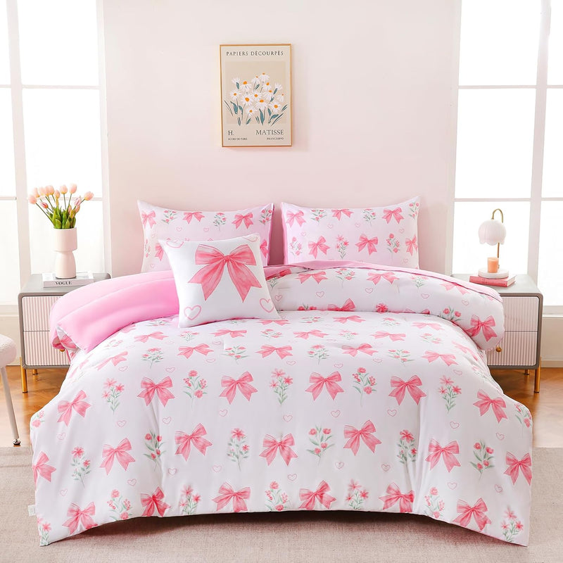 DORCAS Bow Comforter Set Full Bed in A Bag for Girls,6 Pieces Pink Bow Bedding Sets with Sheets for Kids