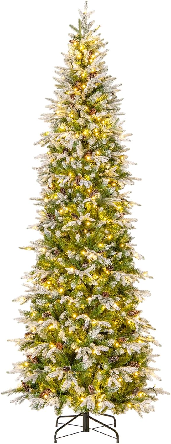 Goplus 7.5 FT Pre-Lit Artificial Christmas Tree, Snow Flocked Hinged Xmas Tree with 470 Warm-White LED Lights, 1135 Tips, 81 Pine Cones, Lighted Xmas Tree for Office Home Decoration