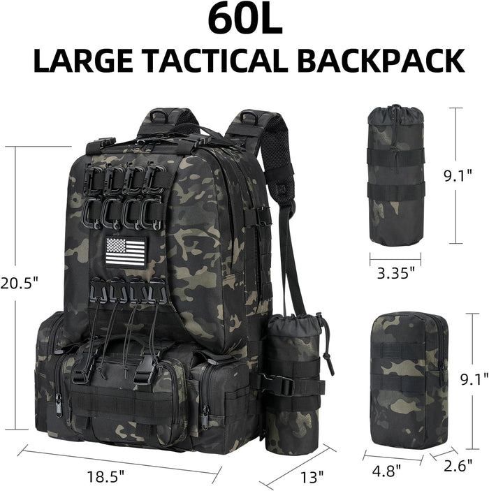 Military Tactical Backpack for Men, 60L Large Army Assault Pack, 3 Day Bug Out Bag with Removable Water Pouch for Outdoor Hiking Camping Hunting Detachable Rucksack Molle Bag, Black Camo
