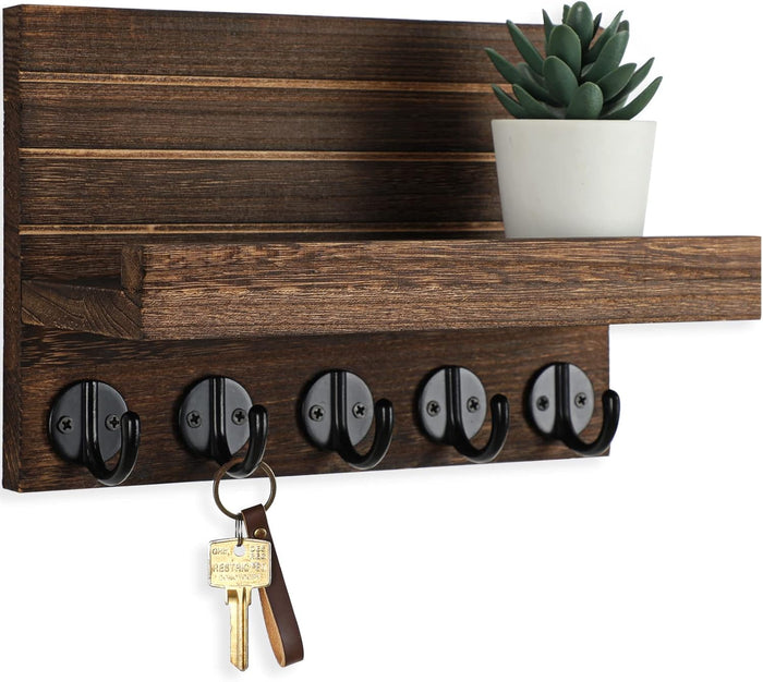 Key Holder for Wall, Decorative Key and Mail Holder with Shelf Has Large Hooks for Bags, Coats, Umbrella – Paulownia Wood Key Hanger with Mounting Hardware (9.8”W x 6.7”H x 4.2”D)