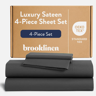 Brooklinen Luxury Sateen 4 Piece Sheet Set - 100% Cotton Bed Sheets, Soft & Durable King Size Sheets Set in Slate Grey, Oeko-TEX Certified Bedding Set, 1 Fitted Sheet, 1 Flat Sheet, 2 Pillowcases