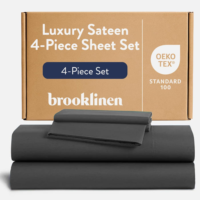 Brooklinen Luxury Sateen 4 Piece Sheet Set - 100% Cotton Bed Sheets, Soft & Durable King Size Sheets Set in Slate Grey, Oeko-TEX Certified Bedding Set, 1 Fitted Sheet, 1 Flat Sheet, 2 Pillowcases
