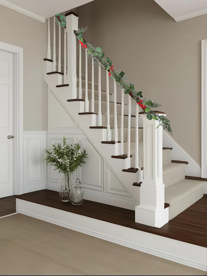 5.9 Feet Eucalyptus Leaves Red Berry Norfolk Pine Christmas Greenery Garland for Table, Mantle, Wall, Indoor, Outdoor Christmas Decorations