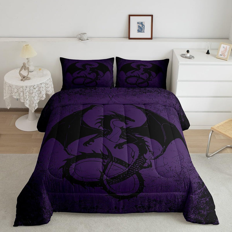 Feelyou Kids Boho Dragon Comforter Set Queen Size, Black Dragon Bedding Set Sun and Moon Duvet Insert Boys Girls Wildlife Teens Bedroom Decor Bed Set 3Pcs