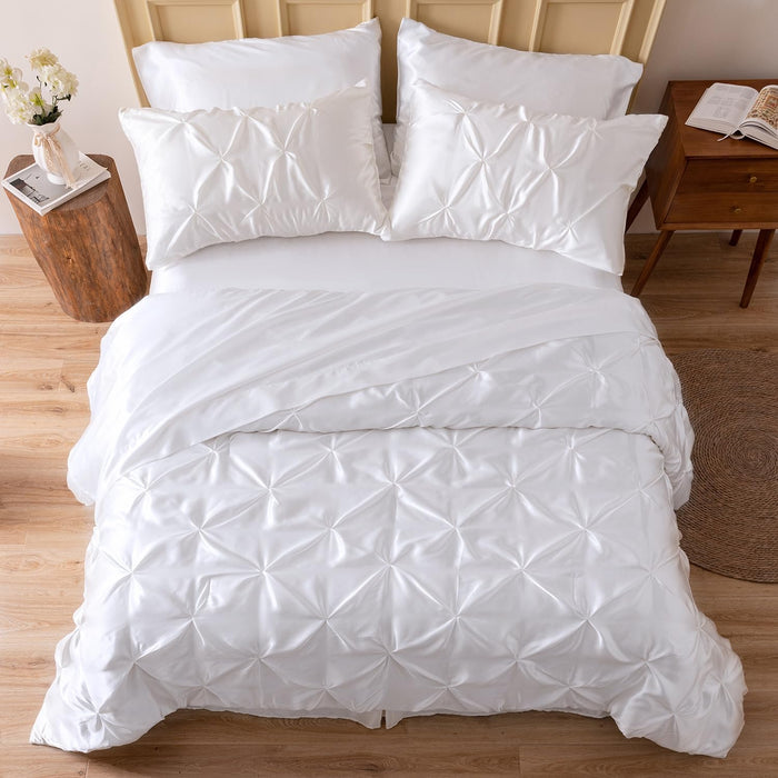 MR&HM Satin Comforter King 7 Pieces - Luxurious Pinch Pleat Bedding Set with Comforter, Flat Sheet, Fitted Sheet, Pillowcases & Shams, Super Silky Soft Bed Set for All Season (King, Black)