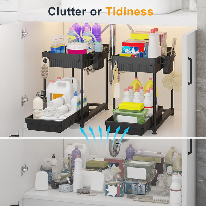2 Pack Multi-Purpose Under Sink Organizers and Storage, 2025 Pull Out Cabinet Organizer for Bathroom & Kitchen, Under Cabinet Organizer with Hooks Hanging Cup, Black
