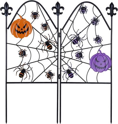 hogardeck Halloween Decorations Outdoor, Spider Web Styled Metal Fence Decorative Garden Stakes with Ghost Face Pumpkins for Halloween Decor, Spider Yard Signs for Outside Garden Lawn Porch Party