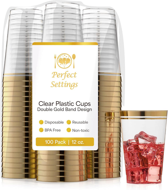 Perfect Settings Gold Rimmed Disposable Plastic Cups, Clear Hard Plastic Drinking Glasses for Cold Beverages & Cocktails, BPA-FREE, Disposable Wedding Cups, 16 oz. (Pack of 100)