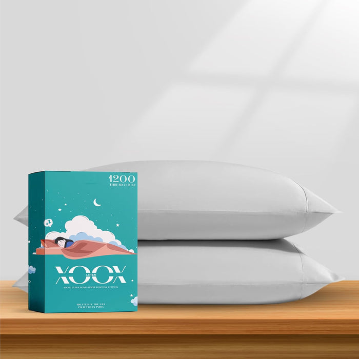 XOOX Linen 100% Egyptian Cotton King Size Sheets Set - Luxury 1200 Thread Count Egyptian Cotton Sheets King Size, 17" Deep Pocket, Soft, Cooling Sateen Weave Hotel Quality Bedding Set - Light Grey