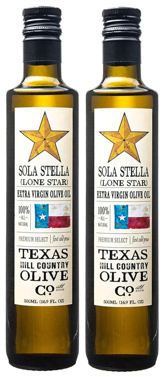 Sola Stella Extra Virgin Olive Oil - Cold Pressed Gourmet EVOO Olive Oil - Uniquely Smooth & Buttery - Perfect for Cooking Baking & Finishing - Award Winning & Made in Texas (16.9 oz)