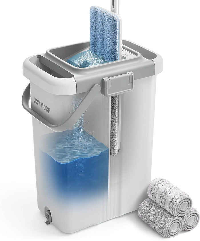 JOYMOOP Mop and Bucket with Wringer Set for Home, Flat Mop and Bucket System, Mops for Floor Cleaning and Wall Cleaner, with 3 Reusable Microfiber Mop Pads
