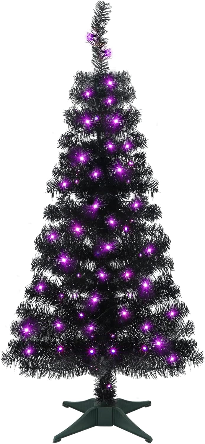 Juegoal 4 FT Pre-lit Artificial Christmas Tree, Lighted Tinsel Pencil Pine Spruce Trees with 70 Warm White LED Lights, 8 Lighting Mode & Timer for Xmas Holiday Party Decor (Pink)