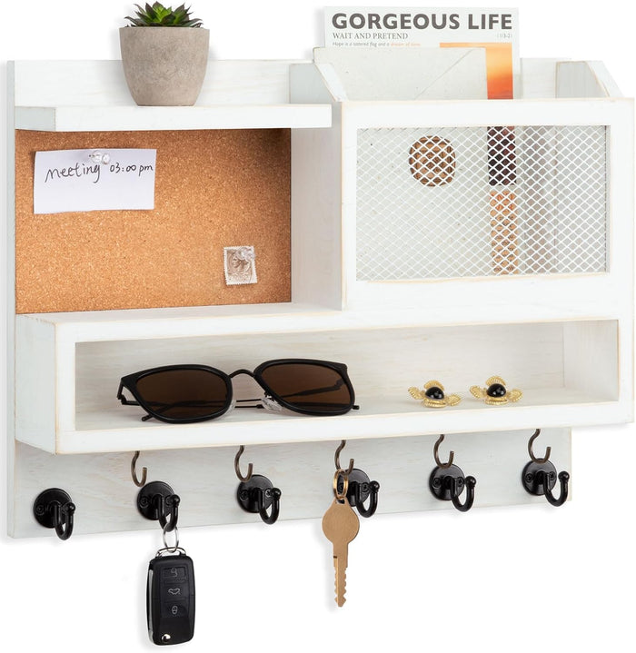 Key Holder for Wall with Mail Organizer,Farmhouse Mail and Key Holder for Wall,Key Hanger with ‌Metal 11 Hooks,Corkboard,and Shelf,Decorative Natural Pine Wood Entryway Organizer,14.6*11.1*3.3”,Brown