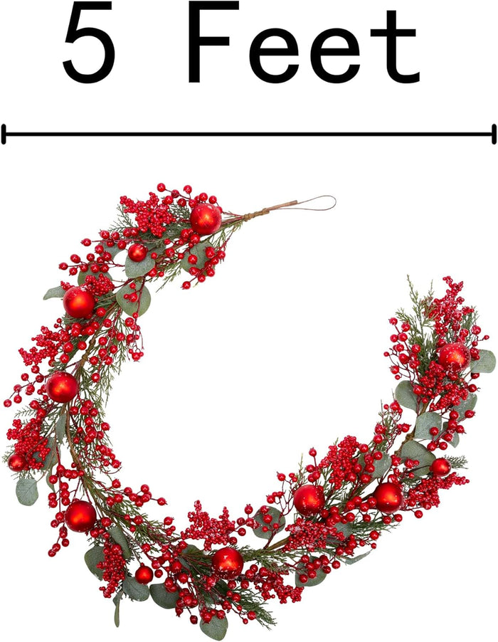 5 Feet Christmas Garland with Red Berry Christmas Balls Decorations with Pine Eucalyptus Leaves for Table Window Wall and Christmas Trees