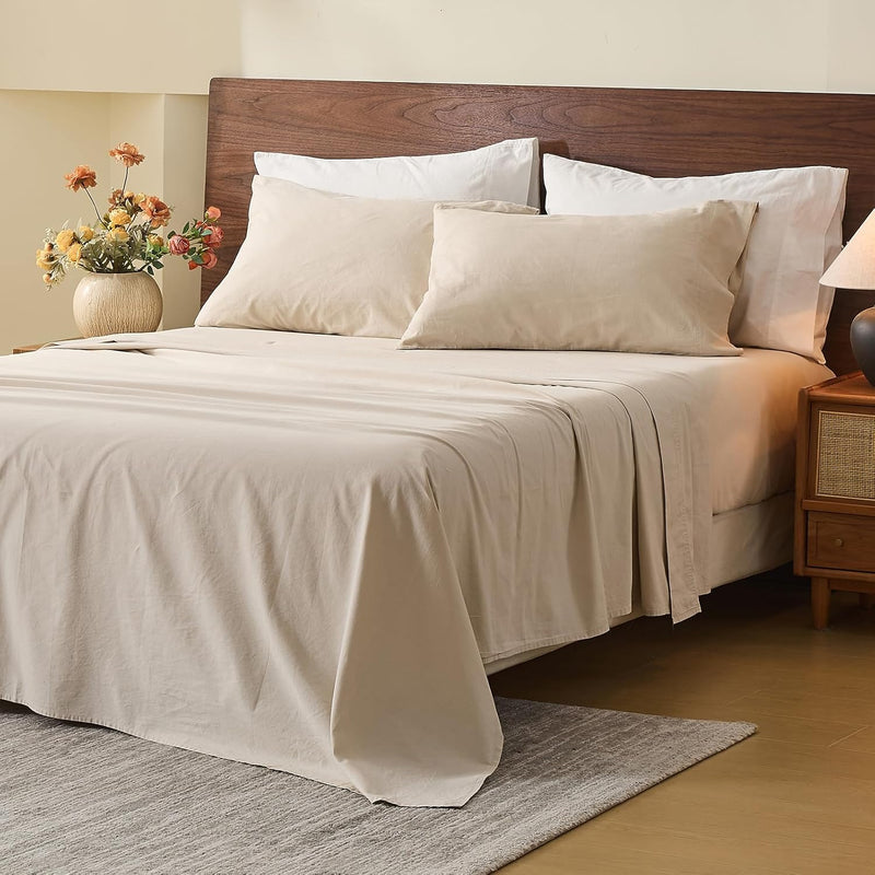MEISHANG 100% French Pure Linen Sheets King Size - Bed Sheets 4 Piece Sets, Soft Durable Flax Linen, Anti-Tear Breathable Oeko-Tex Certified with 16" Deep Pocket (Linen)