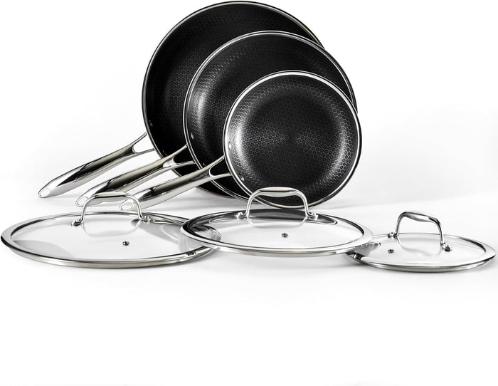HexClad Hybrid Nonstick 6-Piece Fry Pan Set, 8, 10, and 12-Inch Frying Pans with Tempered Glass Lids, Stay-Cool Handles, Dishwasher-Friendly, Induction Ready, Compatible with All Cooktops