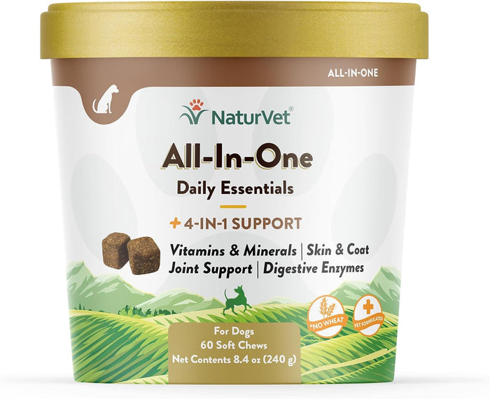 NaturVet All-in-One Dog Supplement - for Joint Support, Digestion, Skin, Coat Care – Dog Multivitamins with Minerals, Omega-3, 6, 9 – Wheat-Free Vitamins for Dogs – 120 Soft Chews