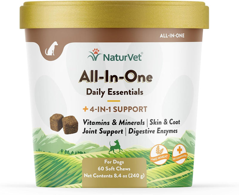 NaturVet All-in-One Dog Supplement - for Joint Support, Digestion, Skin, Coat Care – Dog Multivitamins with Minerals, Omega-3, 6, 9 – Wheat-Free Vitamins for Dogs – 120 Soft Chews