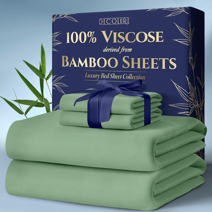 DECOLURE 100% Viscose Derived from Bamboo Sheets Queen Size 4pcs - Ultra Soft & Luxuriously Cooling, 17" Deep Pocket, Double Stitching, Perfect for Hot Sleepers - Queen Bed Sheets (Olive)