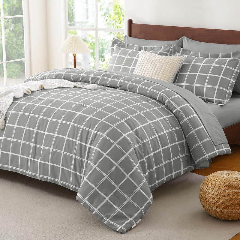 CozyLux King Size Comforter Set Sage Green - 7 Pieces Plaid Bed in a Bag Set, Soft Bed Set King Bedding Sets with All Season Quilted Comforter, Flat Sheet, Fitted Sheet, Pillowcases & Pillow Shams