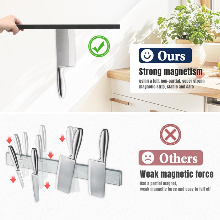 Dmore magnetic knife holder for wall—with 10 hooks, No Drilling 17 Inch black knife magnetic strip, Extra Strong Magnet knife rack, include Adhesive Tape and screws for Knives and Tools