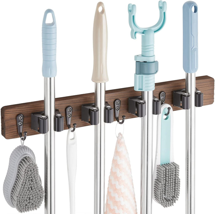 Mop and Broom Holder Wall Mount - Wood Broom Mop Hanger - Wall Mounted Garden Tool Rack Organizer for Closet Garage Laundry Room for Rustic Kitchen Decor With 5 Slots & 4 Hooks