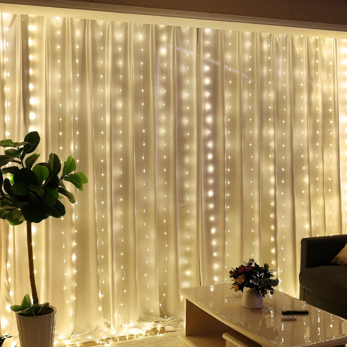 HXWEIYE 300LED Fairy Curtain Lights, 9.8x9.8Ft Warm White USB Plug in 8 Modes Christmas String Hanging Lights with Remote for Bedroom, Indoor, Outdoor, Weddings, Party