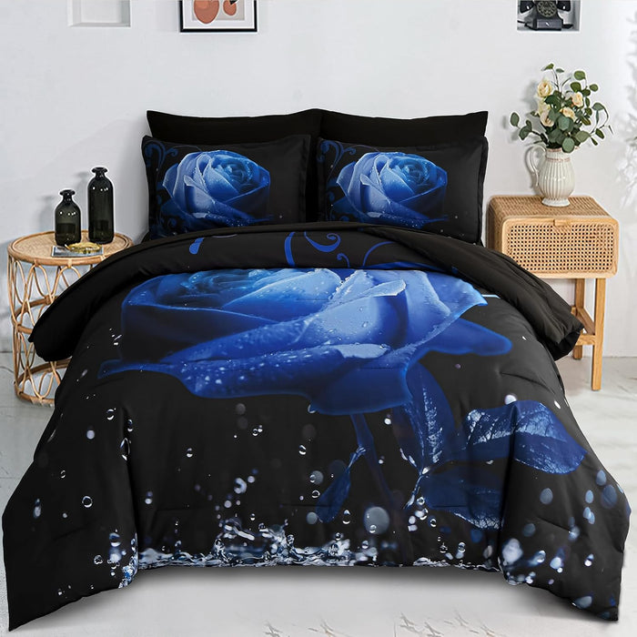 Xruibed Floral Comforter Set Queen 7 Piece Bed in a Bag Purple Rose Flower Comforter with Sheet Set Soft Micorfiber Bedding Set (1 Comforter,2 Pillow Shams,1 Flat Sheet,1 Fitted Sheet,2 Pillowcases)