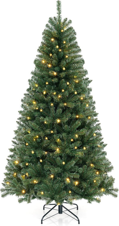 Goplus 7ft Pre-Lit Christmas Tree, Artificial Hinged Xmas Tree with 250 Warm White LED Lights, 8 Lighting Modes & Gloves, 830 PVC Branch Tips, for Home Office Decoration