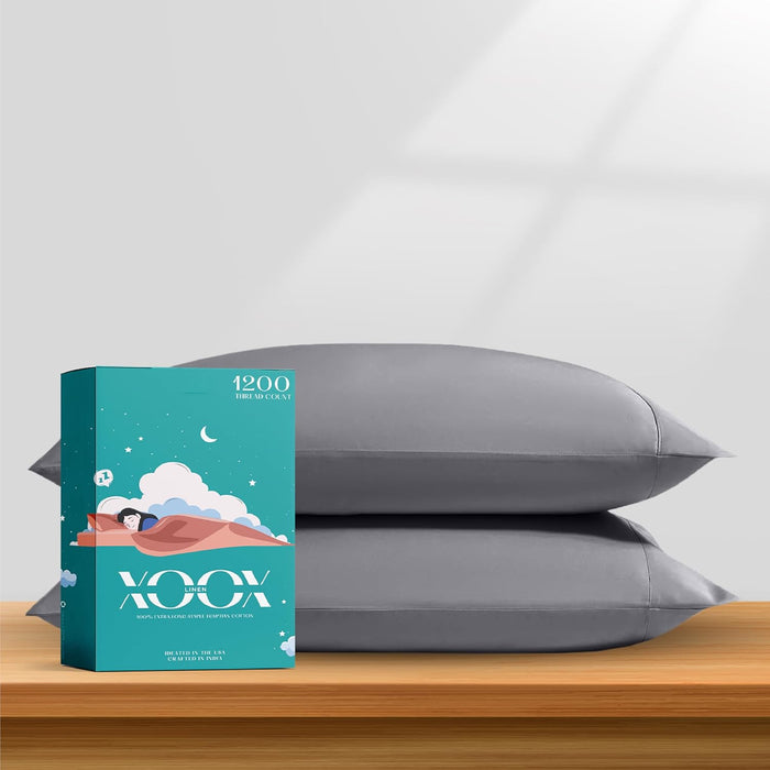 XOOX Linen 100% Egyptian Cotton King Size Sheets Set - Luxury 1200 Thread Count Egyptian Cotton Sheets King Size, 17" Deep Pocket, Soft, Cooling Sateen Weave Hotel Quality Bedding Set - Light Grey