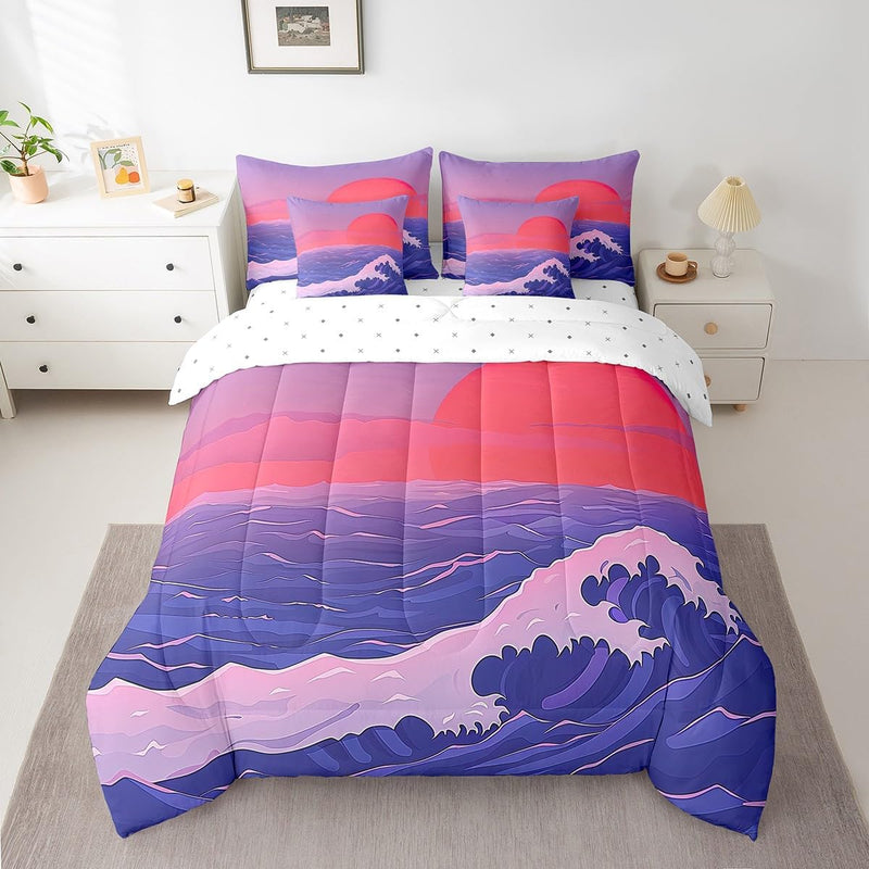 Feelyou Japanese Wave Bed Set Boys Girls for Kids Women Men Twin Size Ocean Wave 7 Pieces Beeding Set Ultra Soft Sunset Bed in a Bag with Comforter, Sheets, Pillowcases Sea Waves Room Decor Bird